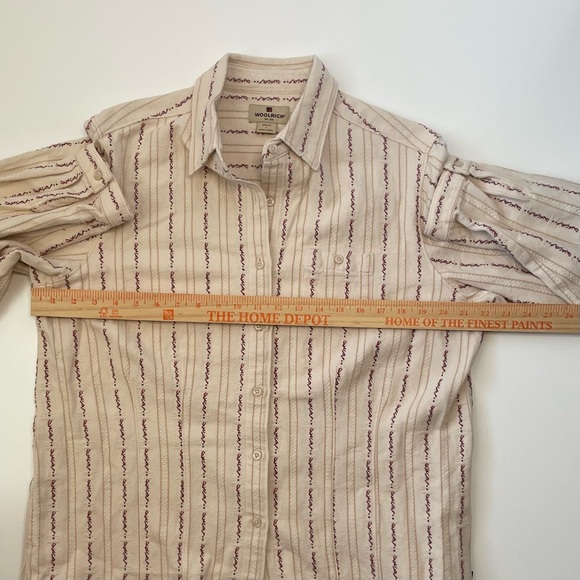Vtg Woolrich Women’s Cream Burgundy/Red Tan Striped Cotton Button-Up Shirt Sz L - Picture 11 of 15